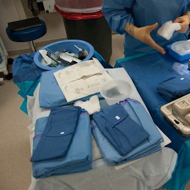Tools and supplies prepped for procedure on table